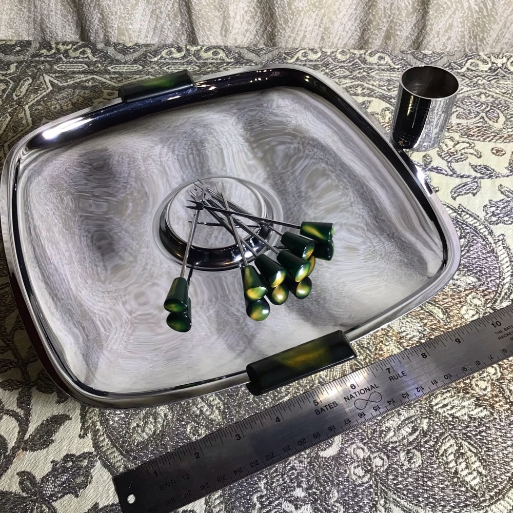 Chrome Platter with Green bakelight Accents Gourmates by Glohill circa 1940s